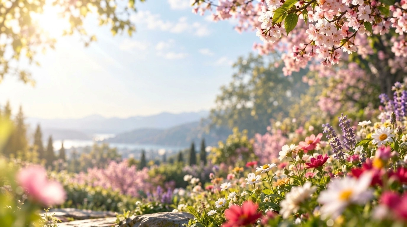 Sunlit spring garden with cherry blossoms, mountain lake, and wildflowers